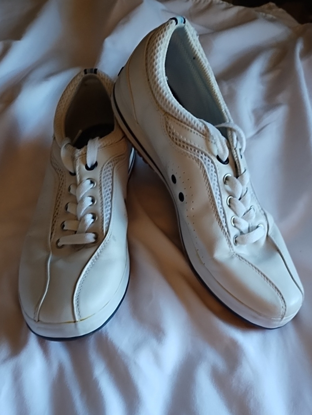 Keds white leather sneakers with blue trim